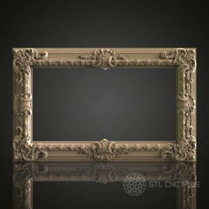 May include: An intricately carved rectangular frame in a light beige hue. The frame showcases detailed floral and scrollwork patterns. It is designed to hold a mirror or artwork, with a dark central space. The frame's design is highly decorative.
