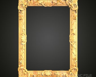 May include: A decorative, ornate wooden picture frame with intricate carvings and a gold finish. The frame is empty and ready to hold a picture or artwork.