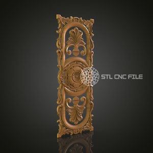 May include: A wooden decorative panel with intricate carvings of floral designs. The panel is a light brown color and has a raised, three-dimensional design.