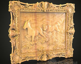 Pferde 3D Relief STL Datei für CNC, Elegante Pferde Holz Wand Kunst