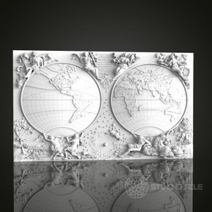 Klasyczny model mapy świata STL, plik grawerowania routera CNC, projekt globusa 3D Artcam Aspire, sztuka drewnianej kartografii w stylu vintage, dekoracja ścienna Exploration