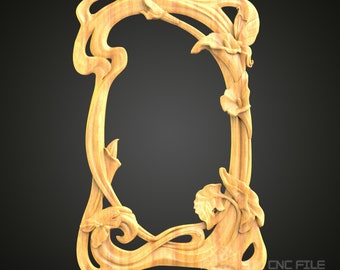 May include: A wooden frame with a floral design. The frame is carved with intricate details, including leaves, flowers, and vines. The frame is a light brown color and has a smooth finish.