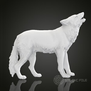 May include: A white 3D printed model of a wolf howling at the moon. The model is detailed and realistic, with fur texture and a natural pose.