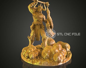 Dragon Warrior with Axe STL Model: CNC Router File for Wood Carving Art