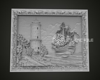 Nautical Seascape and Lighthouse STL Model for CNC - Ideal for Maritime Themed Decor