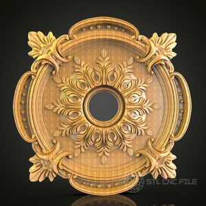 May include: A decorative wooden ceiling medallion with a detailed floral design and a circular opening in the center. The medallion is a light brown color and has a raised edge.