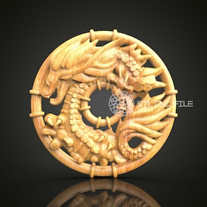 Interwoven Dragon Ring 3D STL Model, CNC Wood Engraving, Circular Mythical Art, Artcam Aspire, Fantasy Wall Decor, CNC Router File