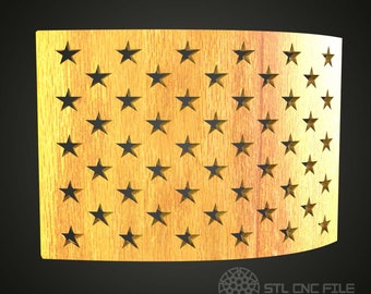May include: A wooden panel with a curved edge and a pattern of stars cut out. The panel is a light brown color and the stars are a darker brown color. The panel is labeled "STL CNC FILE".
