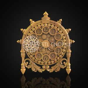May include: A wooden clock with a circular face and intricate gears. The clock face has Roman numerals and is surrounded by a ring of beads. The clock is mounted on a decorative stand with ornate details.