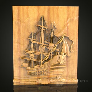 Majestätische Segelschiff CNC Holzschnitzerei, Artcam STL Modell für nautische Wanddekoration