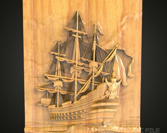 Majestic Sailing Ship CNC Wood Carving, Artcam STL Model for Nautical Wall Decor