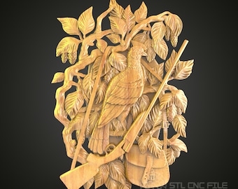 Cacciatore rustico: arte in legno intagliato CNC di falco e attrezzatura da caccia, modello STL, decorazione da parete