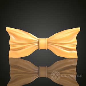 May include: A 3D printed bow tie with a smooth, satin-like finish. The bow tie is a light yellow colour and has a centre band that is slightly darker.