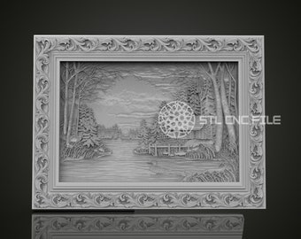 Archivo STL de relieve de paisaje invernal: Diseño de tallado CNC escénico