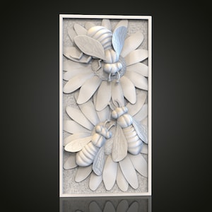 Bees on Flowers Relief STL Model for CNC Router Engraver, Artcam, Aspire, Wood, Wall Decor