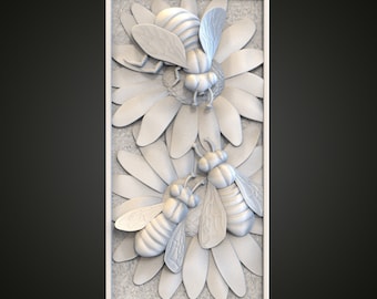 Bees on Flowers Relief STL Model: CNC Router Engraving, Wall Decor