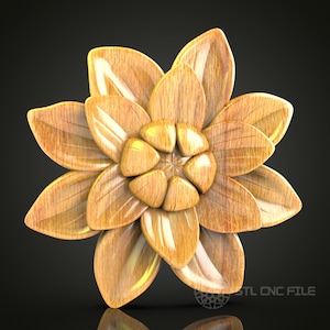 Può includere: Un fiore di legno con un design scolpito dettagliato. Il fiore è di colore marrone chiaro e ha una finitura lucida. Il fiore è un modello 3D ed è disponibile per il download come file STL.