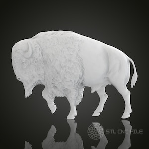 May include: A white 3D printed model of a bison, standing on a black surface. The bison is facing to the left and has a detailed, textured fur pattern.
