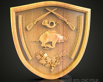 Hunting Crest Wall Art - CNC Engraved STL Model, Wood Carving Decor with Hunting Tools