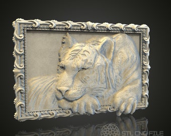 虎 彫刻 レリーフ 額装 壁掛け オブジェ　中古 トラのレリーフ 3D STL モデル: CNC 彫刻可能な野生動物アート (PDF