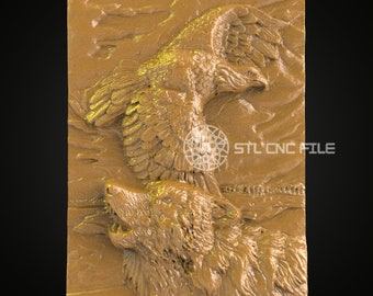 May include: A 3D printed relief sculpture of a wolf howling at a soaring eagle. The sculpture is made of a light brown material and has a textured surface. The eagle is in flight with its wings spread wide. The wolf is looking up at the eagle with its mouth open in a howl.