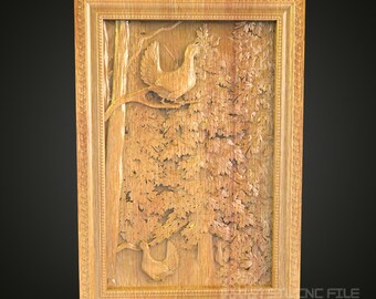 Muurkunst herfstvogel in het bos - CNC-gesneden hout, rustiek natuurdecor, STL-model