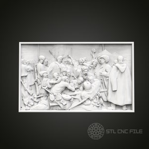 以下が含まれることがあります： 歴史的な服装をした人々のグループを描いた、白い3Dプリントのレリーフ彫刻。彫刻は額縁に入っていて、歴史的な出来事のシーンのようです。
