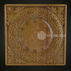 May include: A wooden clock face with Roman numerals and a Celtic knot design. The clock face is surrounded by a decorative frame.