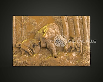 Bear Family 3D STL Model: CNC Router Engraving, Wood Wall Art