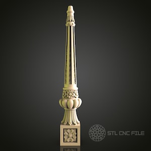 May include: A detailed, ornate, 3D-printed, beige-colored, decorative finial with a square base and a pointed top. The finial features intricate floral designs and a repeating pattern of small circles.