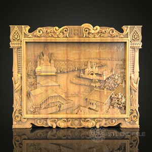 May include: A wooden carved relief panel depicting a Russian village scene with a church, houses, and trees. The panel is framed with intricate carvings and has a light brown finish.