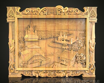 Rustikt bylandskap 3D-relief STL-fil för CNC, detaljerad arkitektonisk träväggkonst