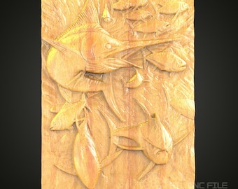Marlin and Fish Relief STL Model: Marine Life Wood Carving