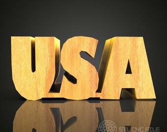 May include: A three-dimensional wooden sign spelling out "USA" in gold lettering. The letters have a wood grain texture and are set against a black background.