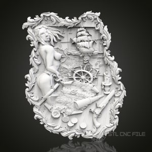 Piratenschatz - Nautische 3D CNC gravierte Holzplatte, Artcam Aspire STL Modell für CNC Fräser, Maritime Adventure Art