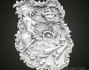 Piratenschatz 3D CNC gravierte Holzplatte: Nautisches Artcam STL Modell