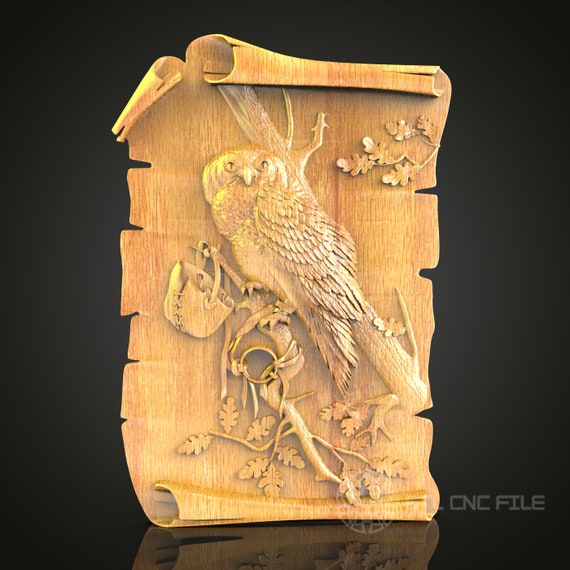 森の中の賢いフクロウの3Dレリーフモデル（CNC用） - 自然をモチーフに