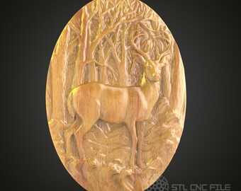 森の中の鹿のレリーフSTLモデル：CNCルーター木製アートファイル