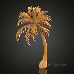 May include: A wooden palm tree sculpture with a detailed, intricate design. The tree is carved with a textured, wood-grain finish and has a curved trunk. The sculpture is set against a dark gray background.