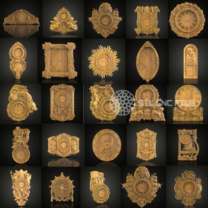 May include: A collection of 25 intricately carved wooden clock faces with various designs, including animals, flowers, and geometric patterns. The clocks are all in a warm, golden brown color and have a vintage aesthetic.