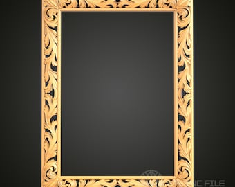 May include: A detailed, ornate, gold-colored picture frame with a carved, intricate design. The frame is made of wood and has a rectangular shape.