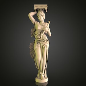Puede incluir: Una figura blanca esculpida de una mujer de pie sobre un pedestal. Ella sostiene un bastón en su mano derecha y su mano izquierda descansa sobre su cabeza. La mujer lleva una túnica fluida y su cabello está recogido en un moño.