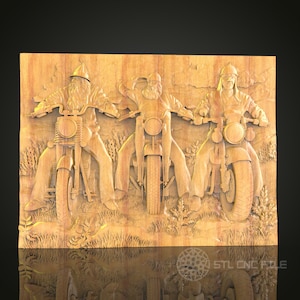 Vintage Biker Trio CNC Wood Carving, Artcam STL Model for Motorcycle Enthusiasts Wall Decor