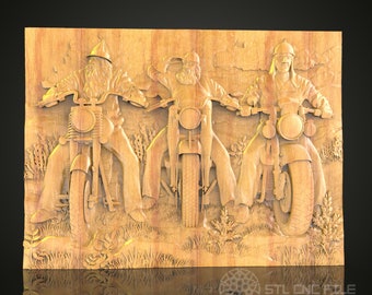 Vintage Biker Trio CNC tallado en madera, modelo Artcam STL para decoración de pared de entusiastas de las motocicletas