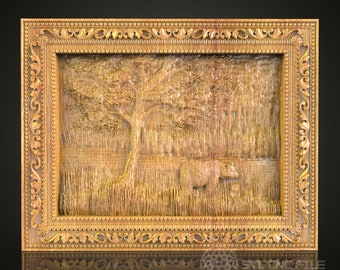 Rustic Sheep Under Tree Wall Art - CNC Engraved Wood, Pastoral Landscape, STL Model