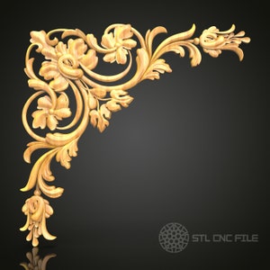 May include: A detailed, ornate, wooden corner design with intricate floral patterns. The design is carved in a light wood and has a golden hue. The design is perfect for adding a touch of elegance to any room.