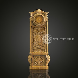 May include: An ornate, wooden grandfather clock with a lion head carving and intricate scrollwork. The clock face has Roman numerals and a gold finish.