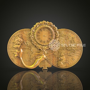 Entdecker Voyage 3D STL Uhrenmodell - CNC Carving, Weltkarte Kunst, Nautische Wanddekoration, Artcam Aspire Dateien, Uhr Gravur Design