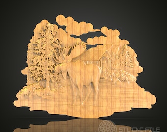 Rustic Moose and Forest 3D STL Model: CNC Carving File
