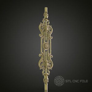 Puede incluir: Una balaustrada decorativa de metal de color dorado con intrincados diseños florales y un medallón circular en el centro. STL CNC FILE está impreso en la parte inferior de la imagen.